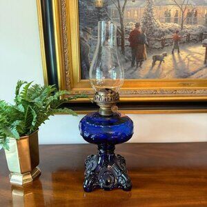Antique Cobalt Blue Princess Feather Glass Oil Lamp 19" Tall With Brass Eagle Bu